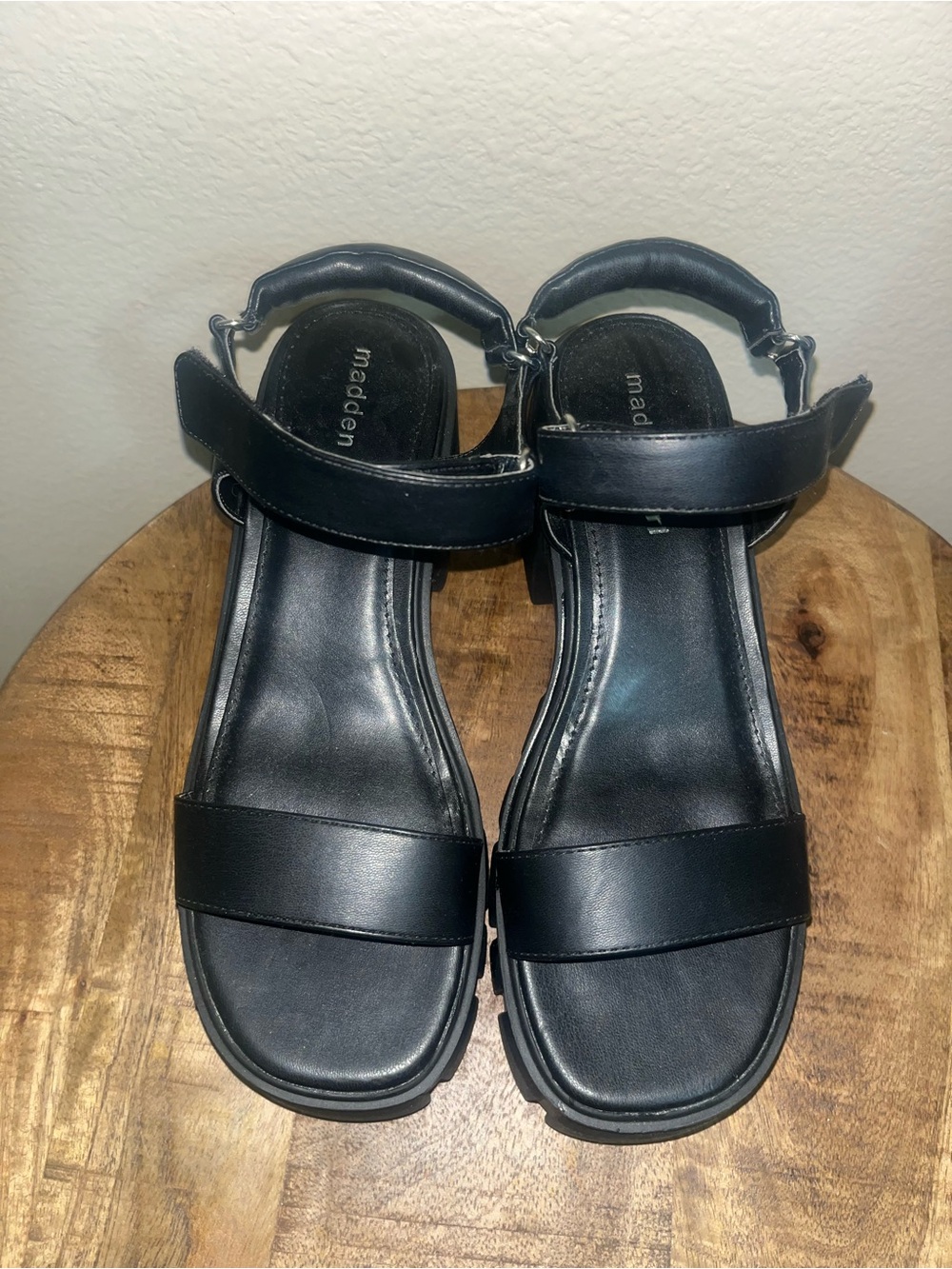 Madden Girl Black Leather Ankle Strap Sandals